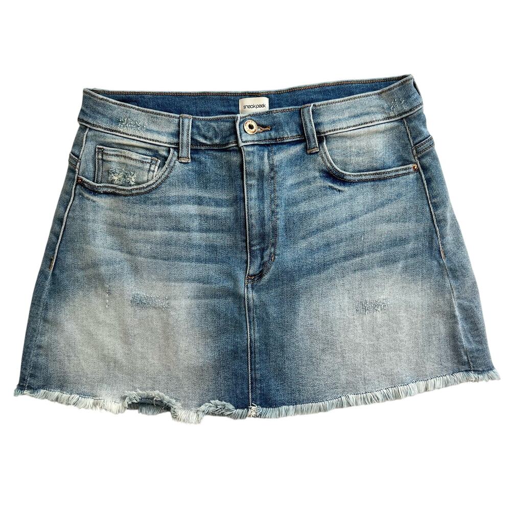 Sneak Peek Denim Mini Skirt LARGE Distressed Fringe Hem Festival Pockets